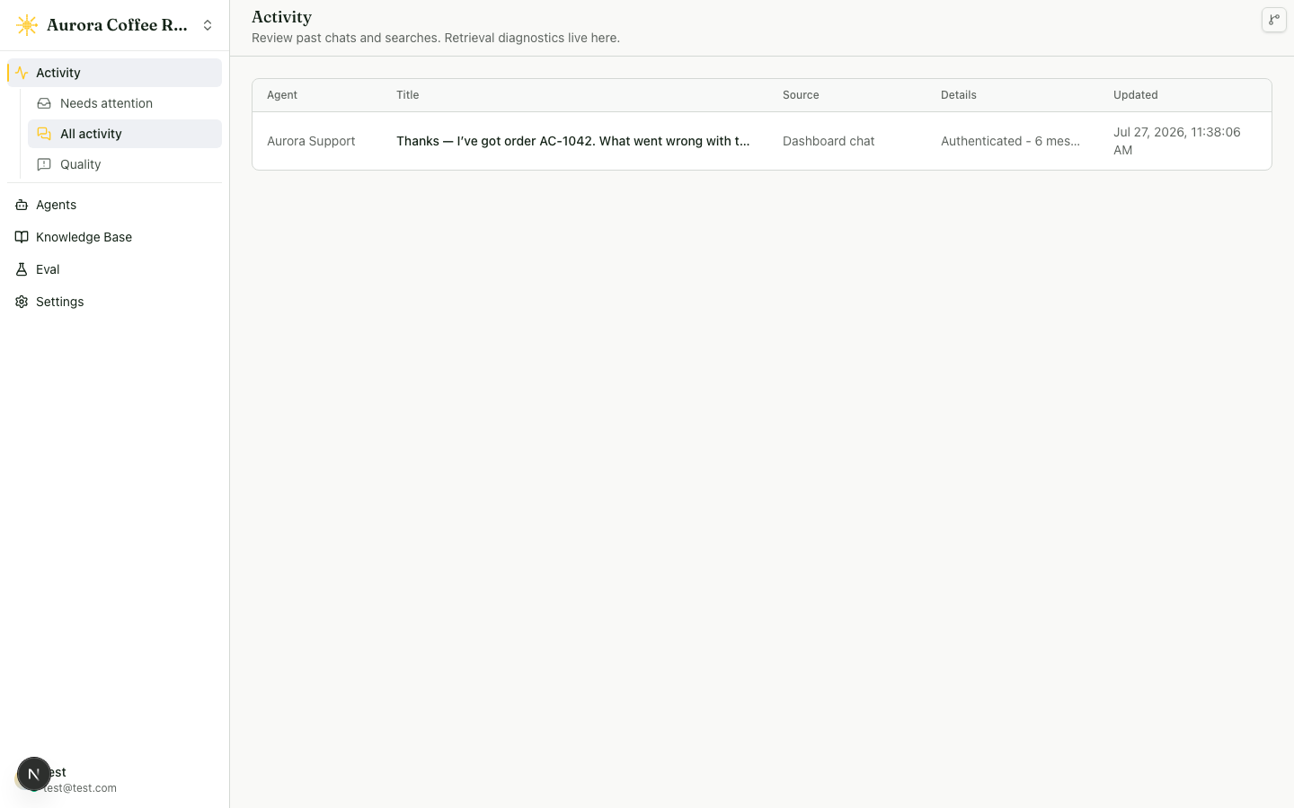 The Activity view with Needs attention, All activity, and Quality in the sidebar, and a conversation listed with its agent, source, and update time.