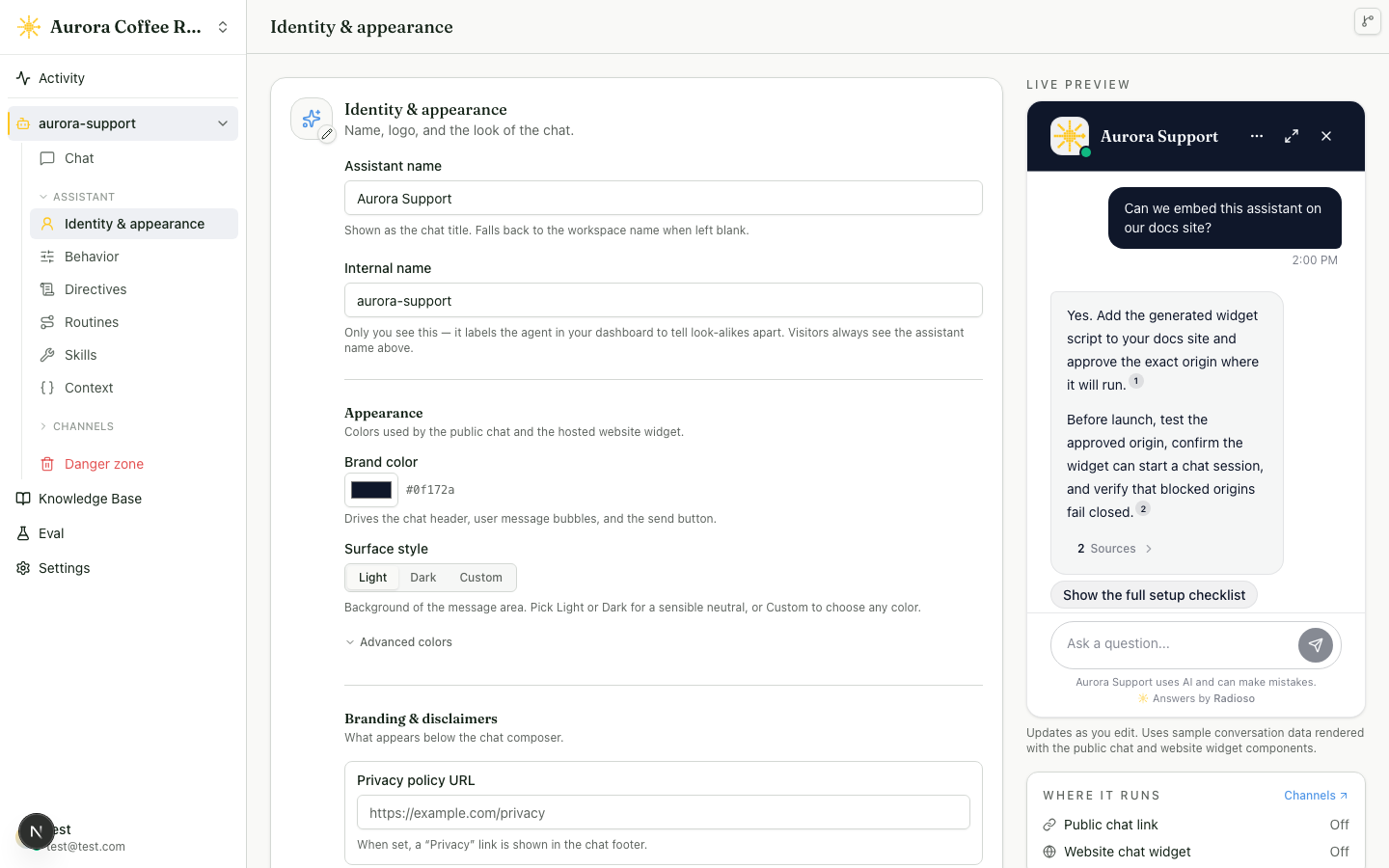 The Web chat page with the Look section's brand color and surface style beside a live preview of the chat widget answering a question.