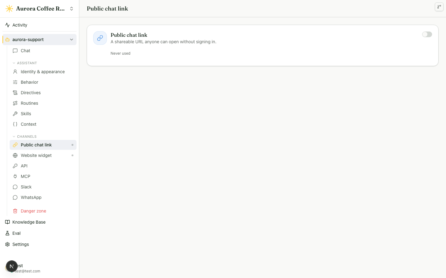 The agent Channels sidebar listing Web chat, API, MCP, Slack, and WhatsApp, with the Web chat page's Where it runs section showing the Public link toggle and its last-used status