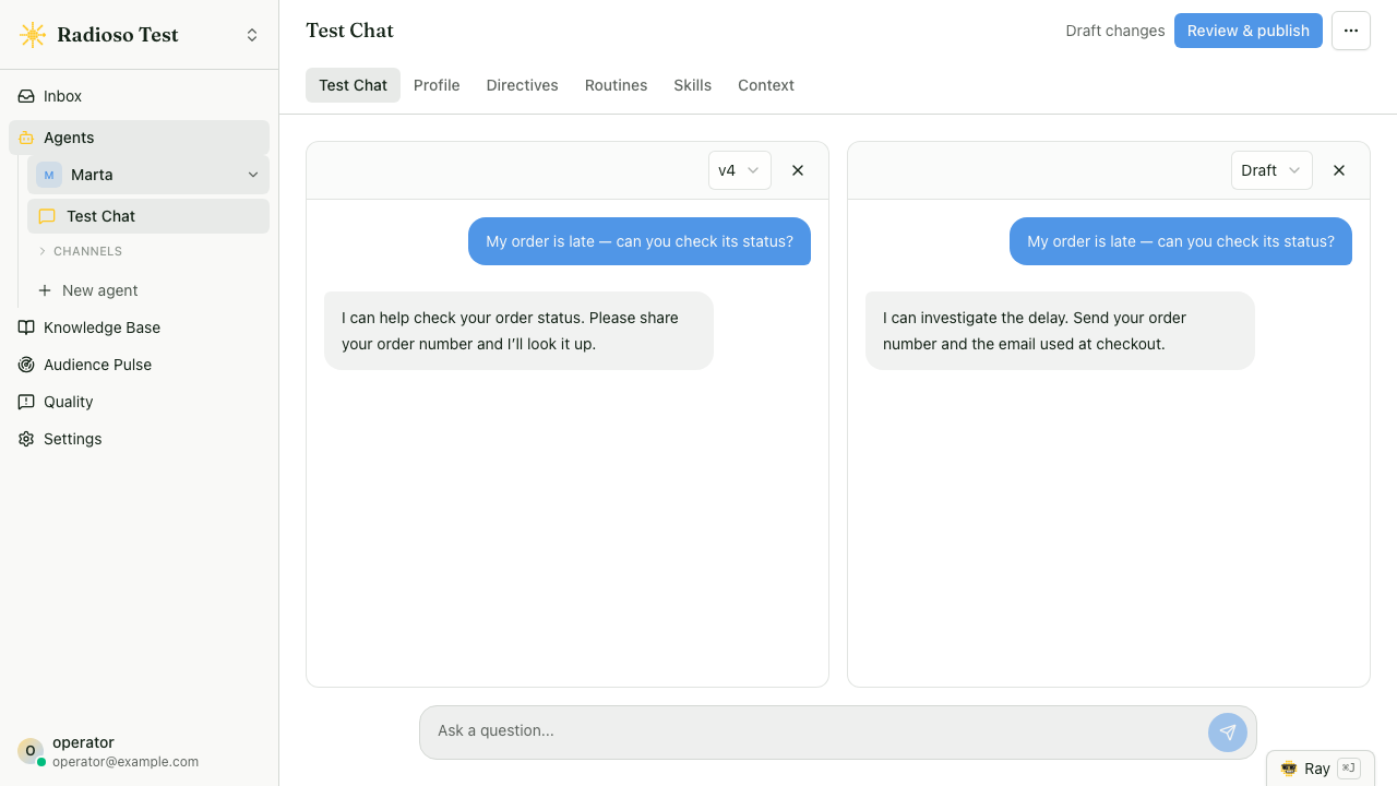 The agent Chat workbench answering a shipping question with a grounded reply, a Sources control, and suggested follow-up questions