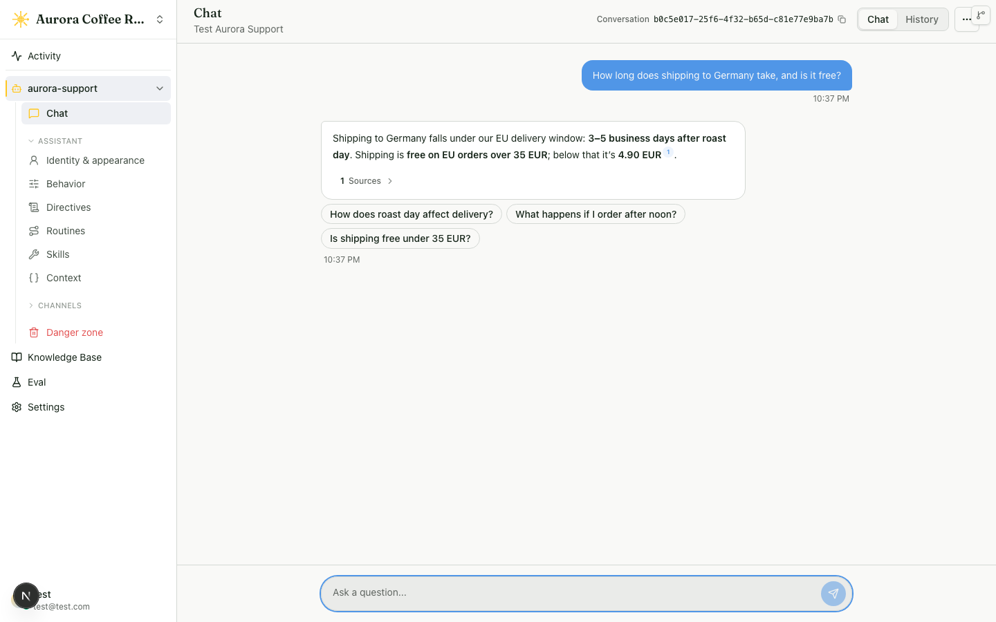 The agent Chat workbench answering a shipping question with a grounded reply, a Sources control, and suggested follow-up questions