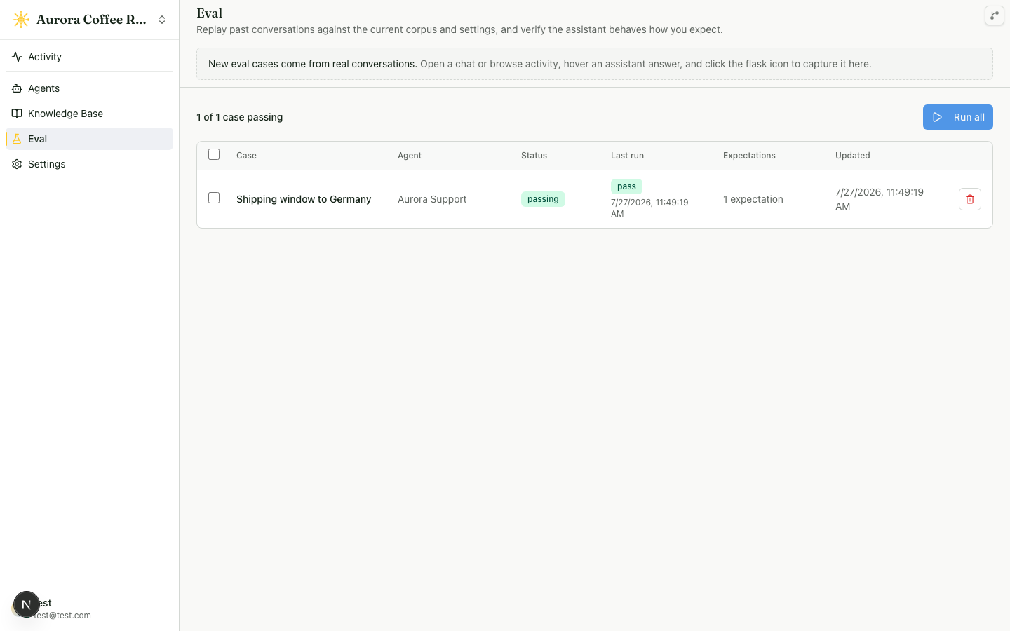 The Eval section showing 1 of 1 case passing, a Run all button, and one case row with a passing status and its last run and expectation count.