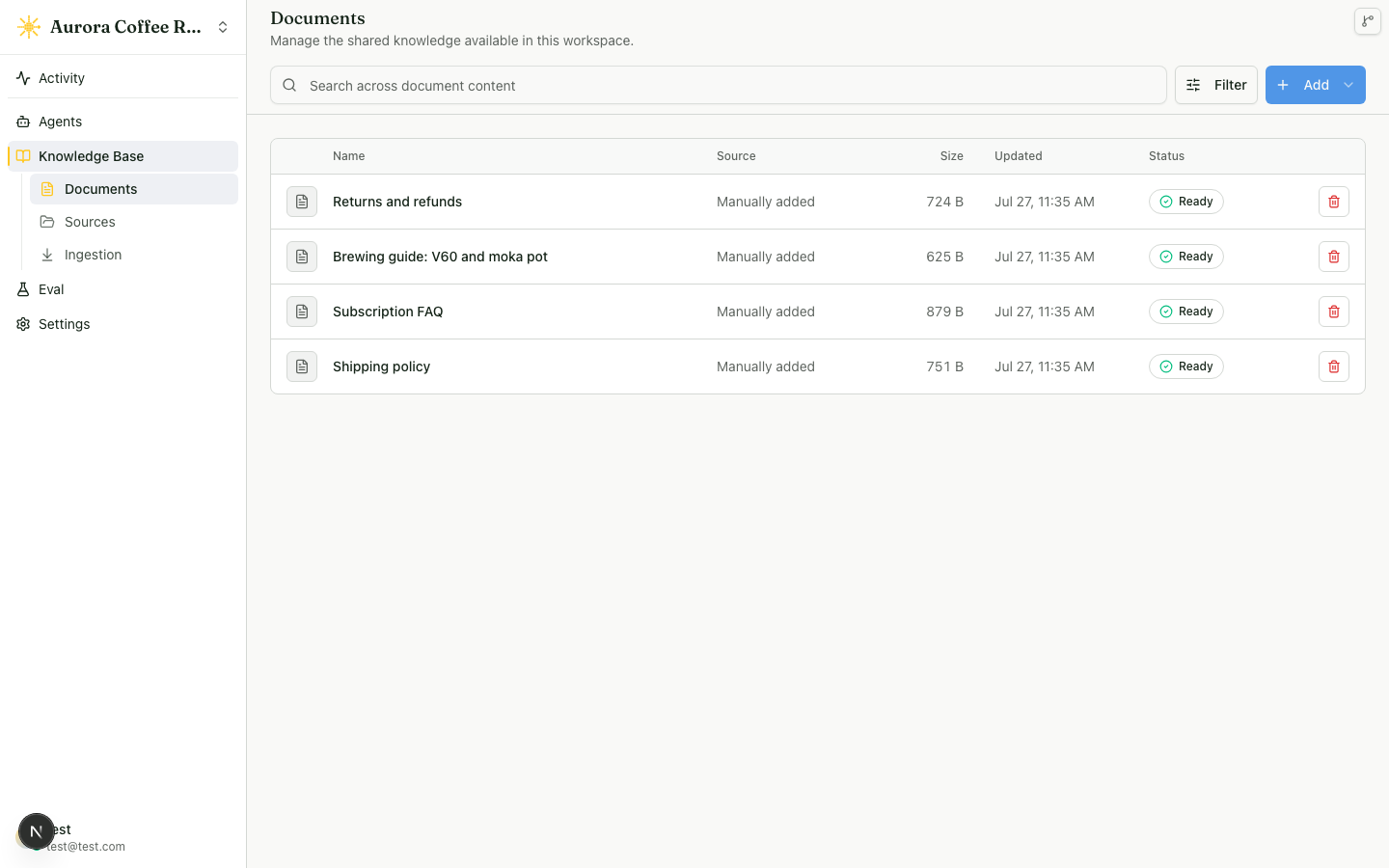 The Documents list with four uploaded files, each showing a green Ready status, so you can tell processing has finished before you test chat