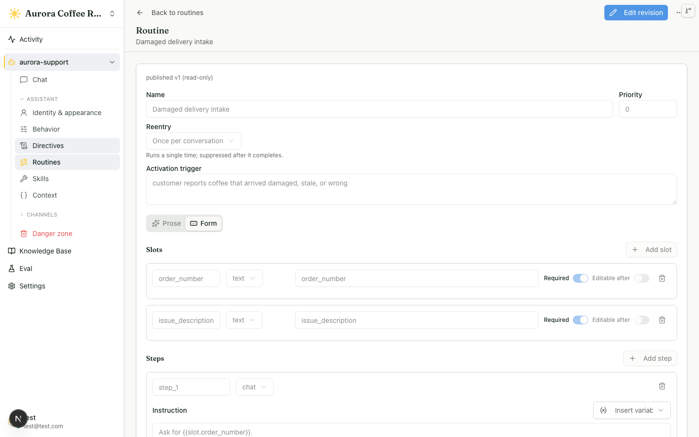 The Damaged delivery intake routine open in the Form editor, showing the Name, Reentry, and Activation trigger fields, two required text slots named order_number and issue_description, and the first chat step.