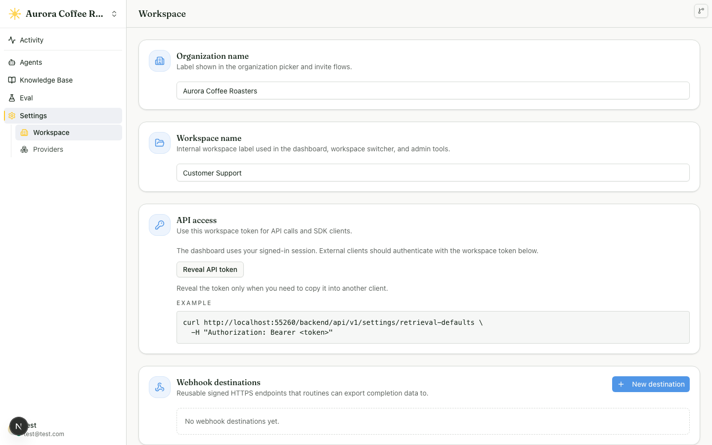 Workspace Settings showing the organization name, workspace name, an API access panel with a Reveal API token button and curl example, and webhook destinations